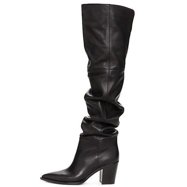 Vintervarma - Spetsiga Chunky Heels, Dragkedja vid Knäet, Höga Stövlar 37