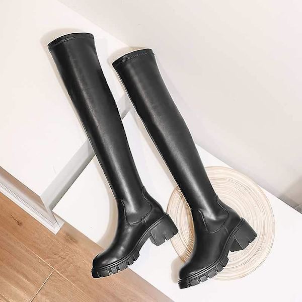 Winter Warm- Cow Leather Stretch, Rund Tå över knä, Stövlar med höga klackar 8.5 / black sheep suede