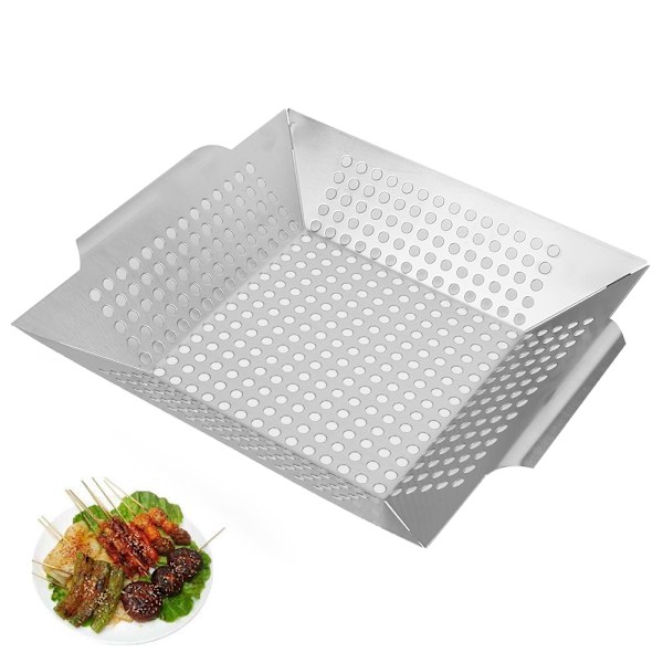 Fyrkantig Grillplatta BBQ-korg i Rostfritt Stål med Hål Utomhus Grillverktyg
