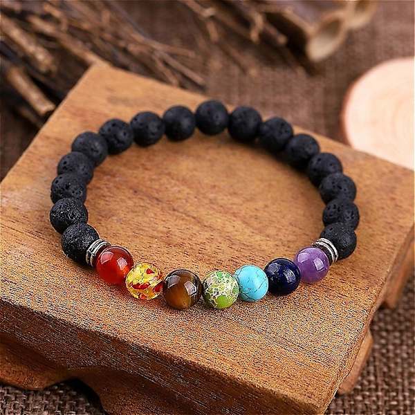 Chakra Armband Herr Svart Lava Healing Balance Beads Naturstensarmband All blessings