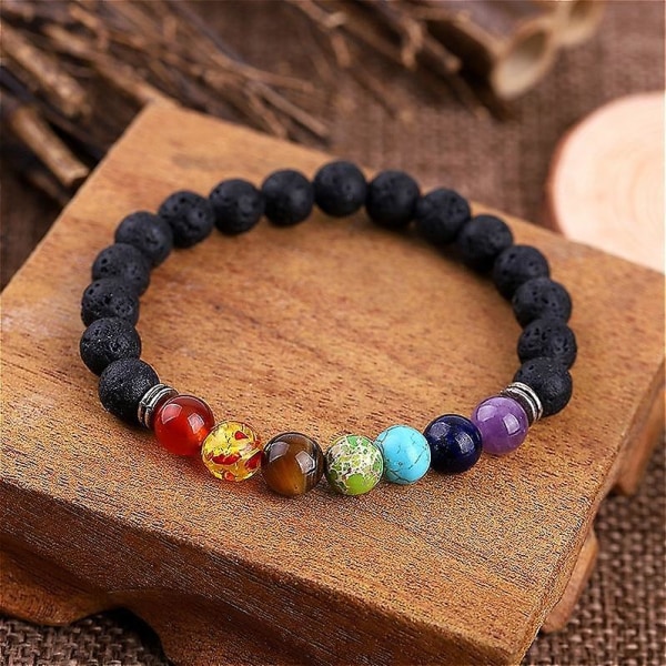 Chakra Armband Herr Svart Lava Healing Balance Beads Naturstensarmband Antique Bronze Plated