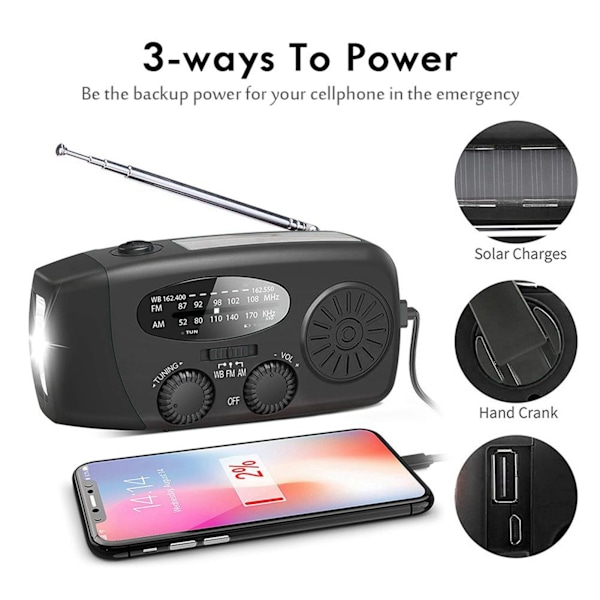 Portabel Nödradio med Solpanel och Handvev 1000mah, Nödradio med LED-ficklampa SOS-alarm Handvevsradio för utomhusnöd