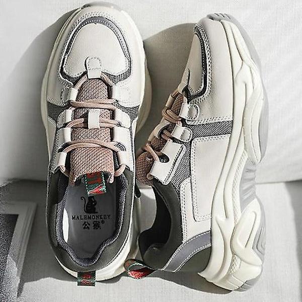 Läder Andas Bekväm Sneaker Beige black 39