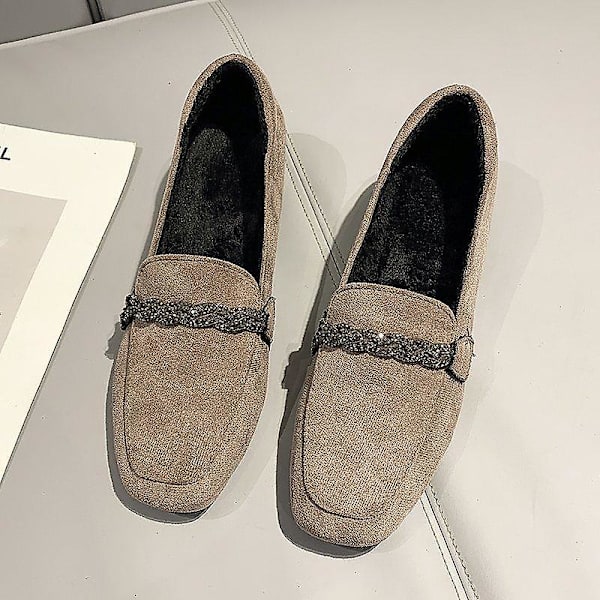 Höst Vinter Dam Loafers. Lågklackade Båtskor Plush Khaki 10