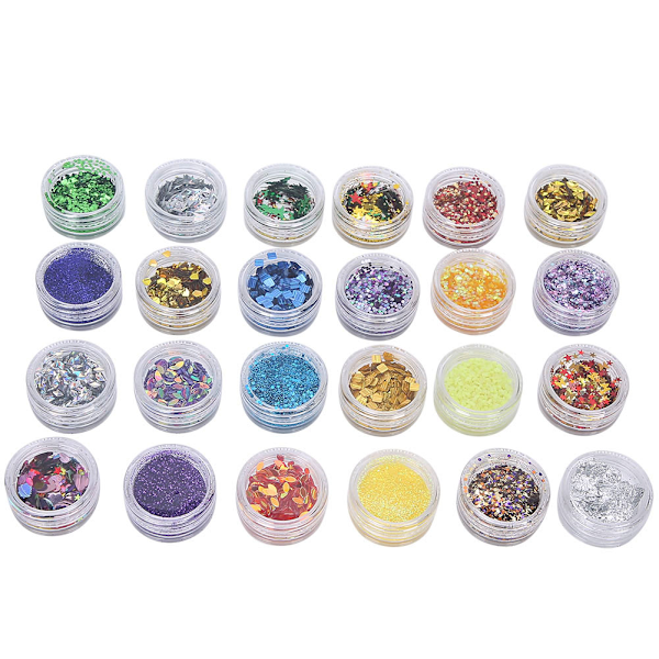 24 Flaskor Nagelglitter Pulver Paljetter Konst DIY Färgglada Flakdekorationer