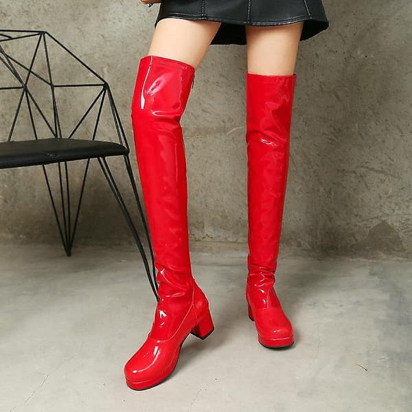 Patent Pu Läder Kvinnor Over The Knee Boots Red 8.5