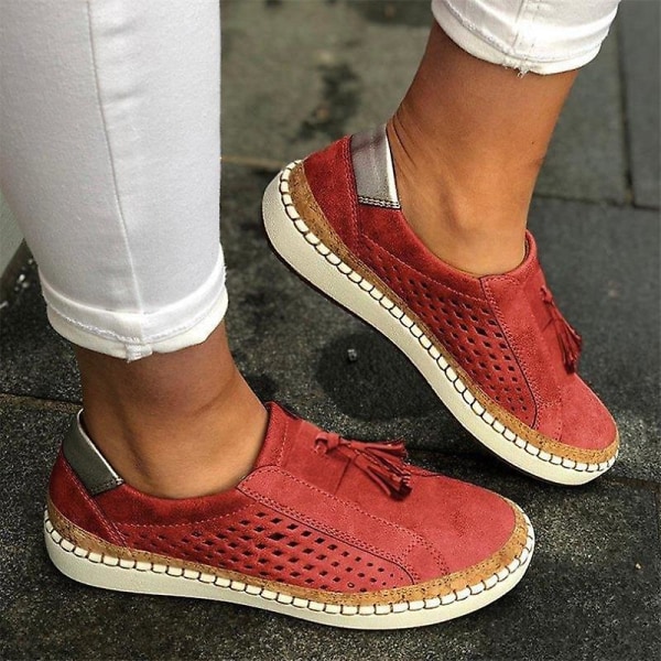 Handgjorda randiga andningsbara elastiska retro vardagliga platta sneakers för kvinnor / red2 37
