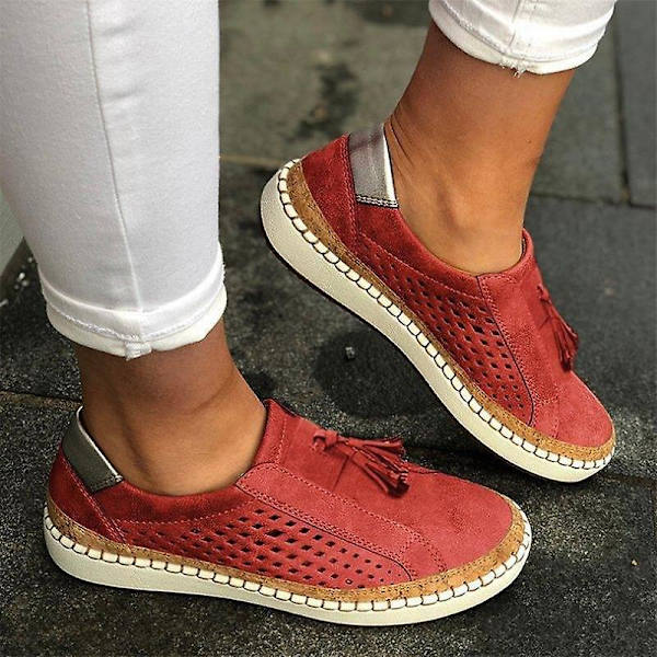 Kvinnor Handsydda Randiga Andas Elastiska Retro Casual Flat Sneaker / red4 39