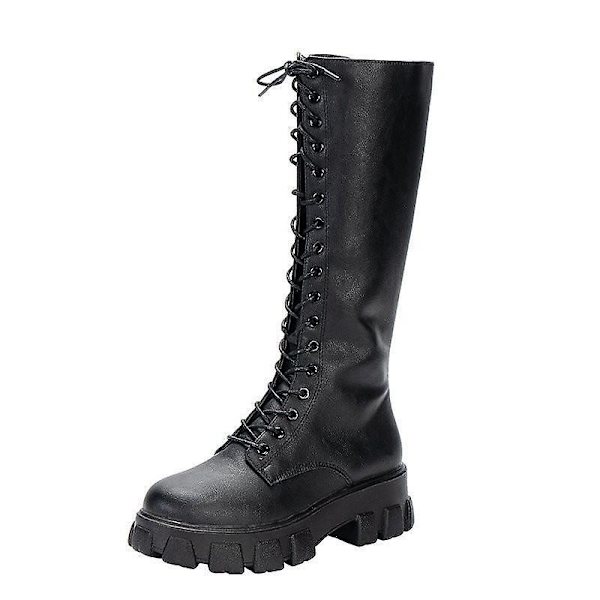 Mode kvinnor Cross Strap Pu Läder Knähöga stövlar Black 43