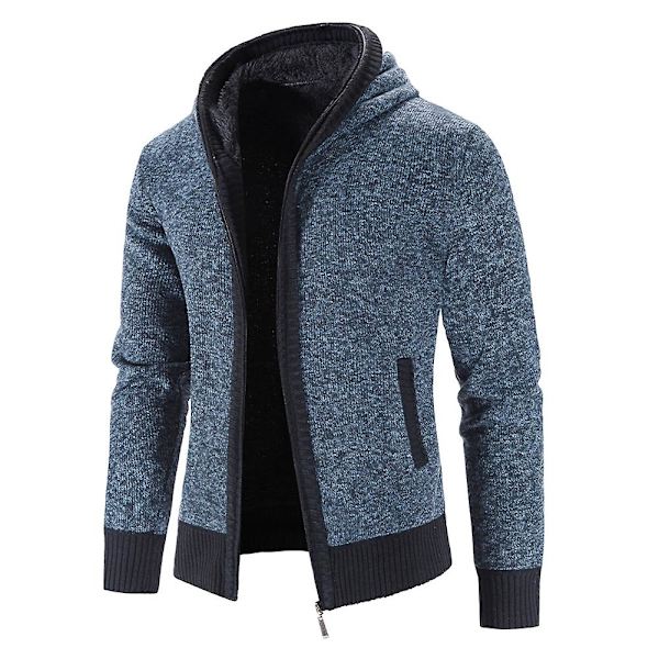 Casual Slim Full Zip Tjock Stickad Huv Cardigan Sweaters för män blå M