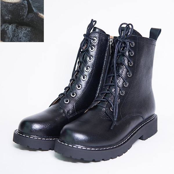 Kvinnor Höst Vinter Låg Klack Cross Strap Läder Ankel Boots Black L Plush Inside 40 /