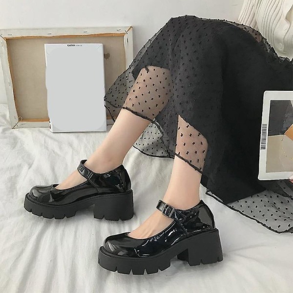Leopard Päls Pumps-skor för kvinnor med rund tå bright black 35