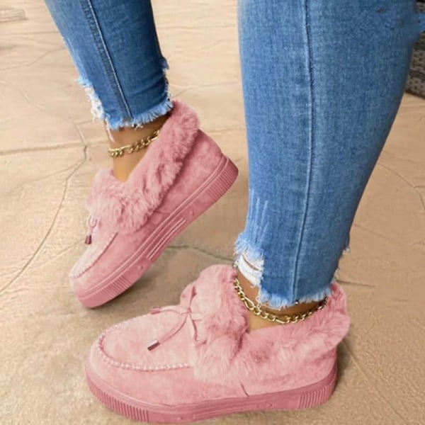 Autumn Winter- Casual Fur Bowknot, Fluffy Furry, Slip-on Sneakers Set-d Pink 7.5