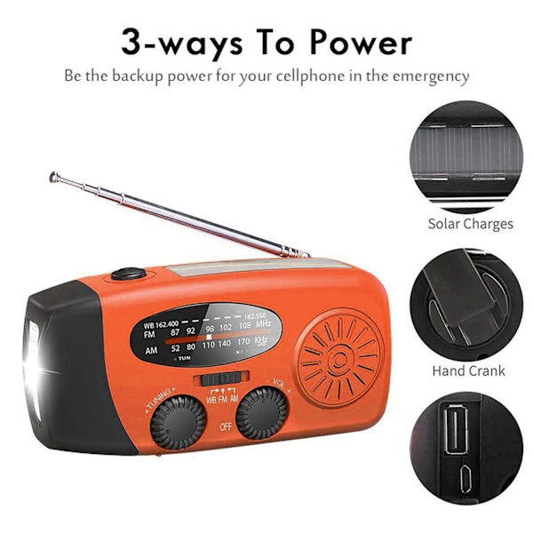 Portabel Nödradio med Solpanel och Handvev 1000mah, Nödradio med LED-ficklampa SOS-alarm Handvevsradio för utomhusnöd