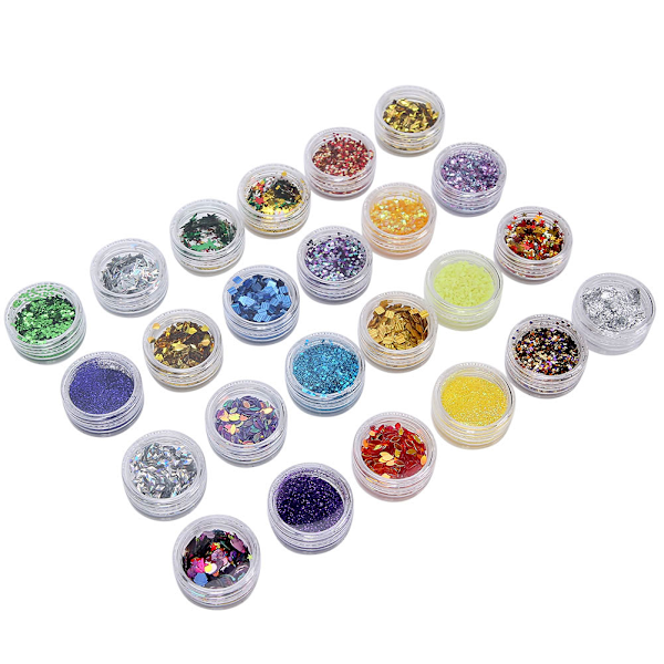 24 Flaskor Nagelglitter Pulver Paljetter Konst DIY Färgglada Flakdekorationer