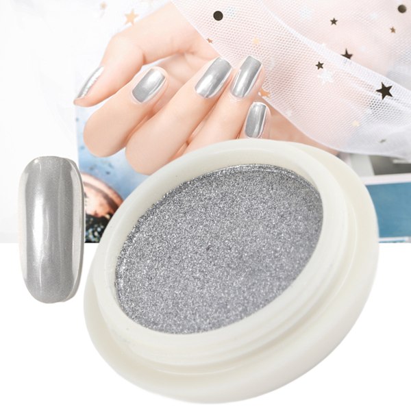 Nagelkonst Spegel Krom Pulver Manikyr Glitter Pigment Silver Vit