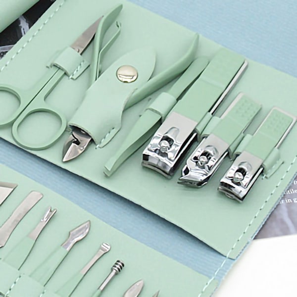 16 st Nagelset i stål Manikyr Professionell Pedikyr Grooming Kit Grön