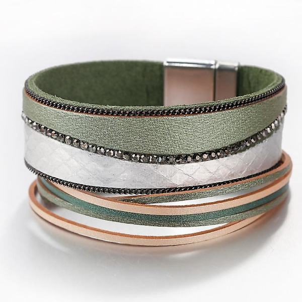Kvinnor Läderarmband, Crystal Bohemian Wrap Multilayer Wide Armband Green
