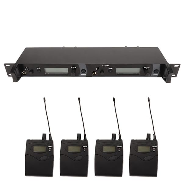 Trådlöst hörlursmonitorsystem 2 kanaler 4 bodypacks Helt i metall UHF scenmonitorsystem för studio 100–240 V EU-kontakt