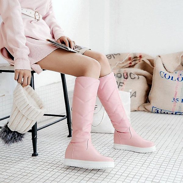 Vinterknähöga stövlar, bekväm platt klack för kvinnor Pink 8
