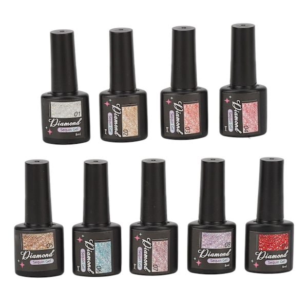 9 st Glitter Gel Nagellack Set 8ml Flerfärgade Diamantnaglar för DIY Konstdesign