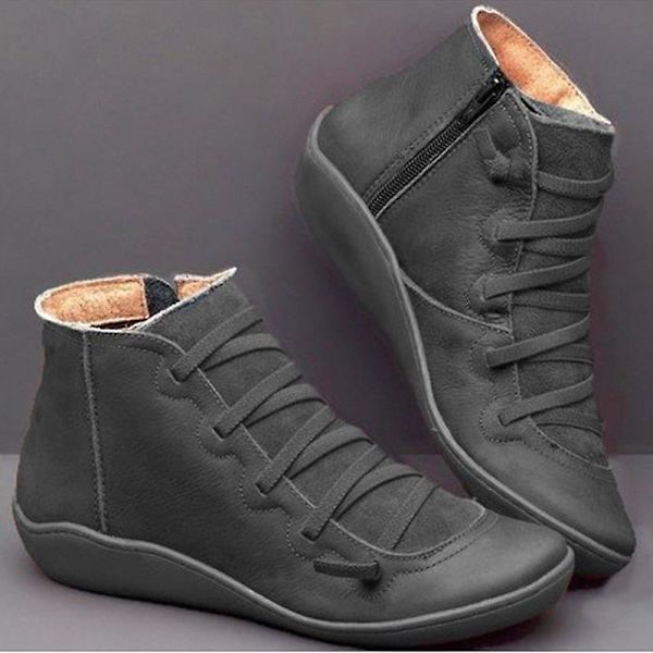 Ankelboots i PU-läder för dam, Punkboots med korsremmar (Set-2) gray-A 10.5