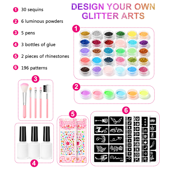 Kroppsglitter Tatuering Set Oregelbunden Temporär Ansiktsprimer Sminkset för Barn och Vuxna Födelsedag Halloweenfest