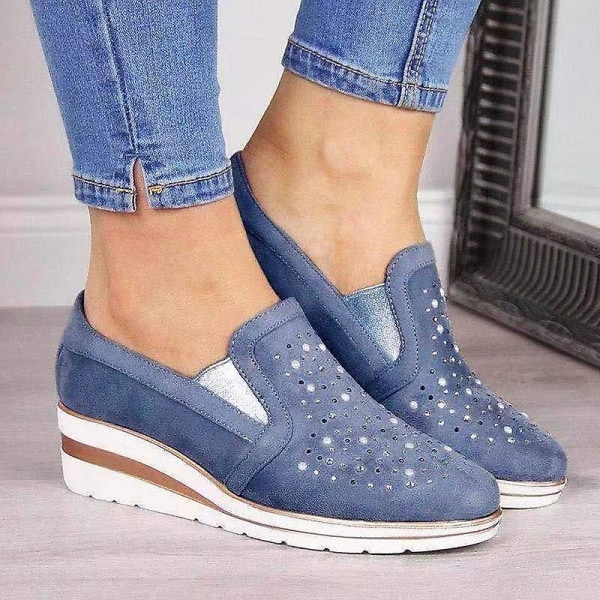 Flat Bling Sneakers för kvinnor, Loafers med snörning Blue 36