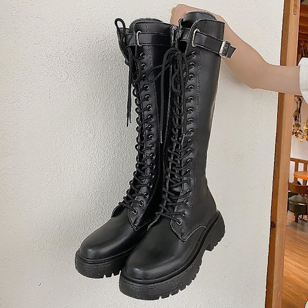 Summer Retro College Brittisk stil Tjock Botten Tjock Klack Boots BLACK 36