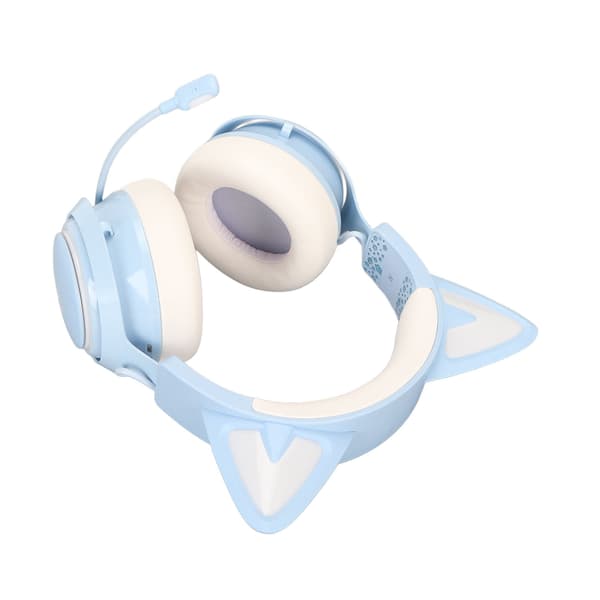 Spelheadset med kattöron, RGB-belysning, Bluetooth, trådlösa hörlurar med infällbart 120 graders roterbart mikrofon för bärbara datorer, PC, blå