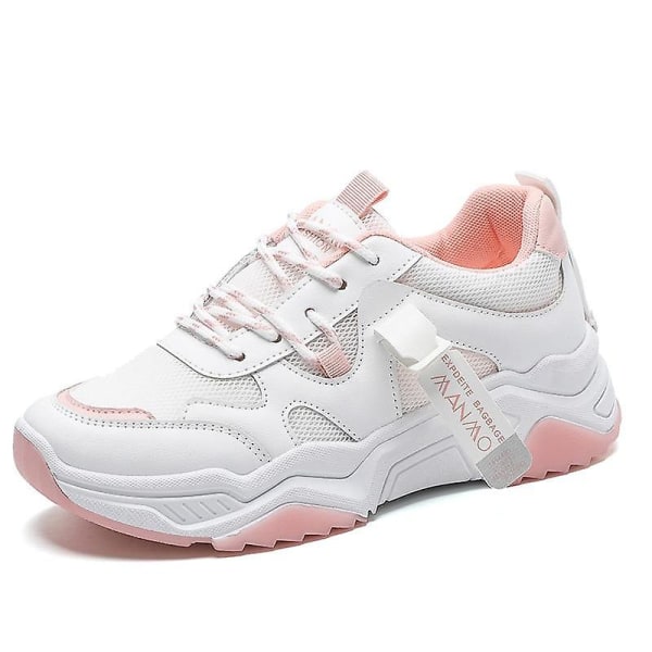 Damskor med snörning i tjocka plattform Casual läderskor, bekväma promenadsneakers 0067 pink 5
