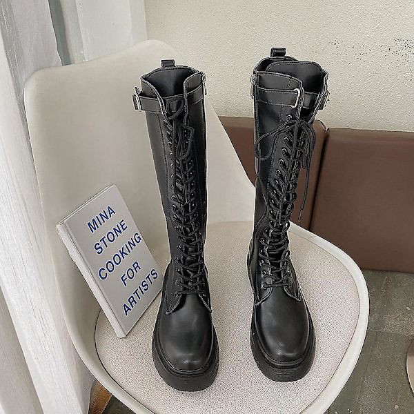 Summer Retro College Brittisk stil Tjock Botten Tjock Klack Boots BLACK 38