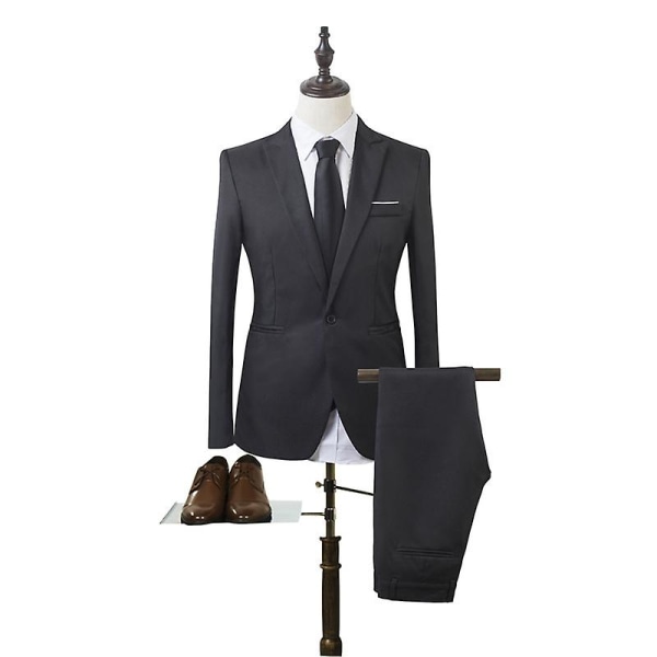 Män 2-delad Business formell kostym Set Slim Fit Blazer Byxor svart L