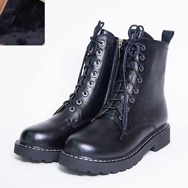 Kvinnor Höst Vinter Låg Klack Cross Strap Läder Ankel Boots Black Plush Inside 34 /