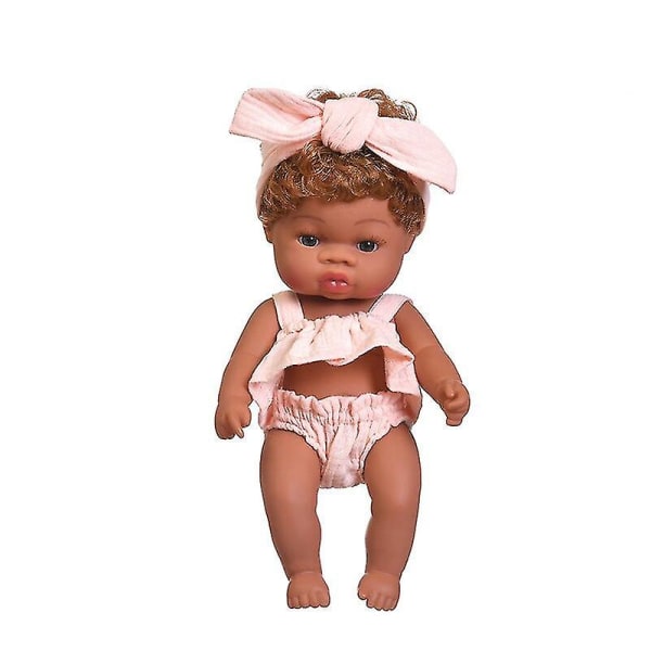 35cm American Reborn Black Baby Doll Bad Lek Full Silikon Sommarklänning Dockor med hängselkjol Baby Doll Toy Girl Present yellow pink