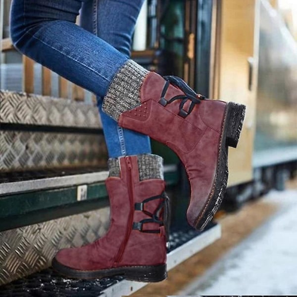 Kvinnor Vinter Mid-kalf Boots Dam Mode Zip Halkfria snöstövlar red 40