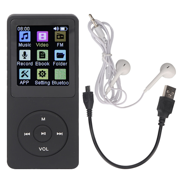 Bluetooth MP3-spelare 1,8 tum färgskärm Inbyggd högtalare E-boksläsare inspelare Fickmusikspelare