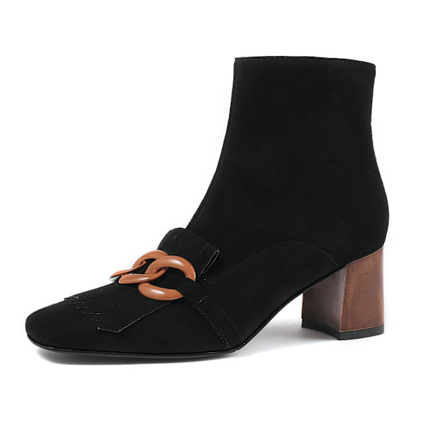 Får Mocka Fringe Ankel Chunky Högklack Fyrkantiga Tofs Boots black 6cm 4