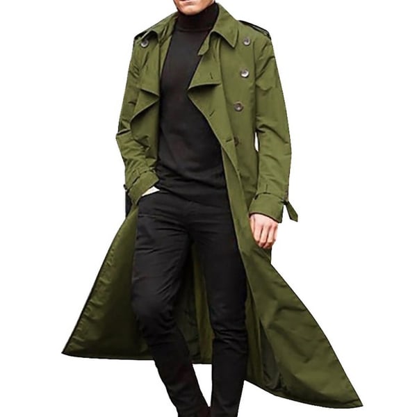 Män Lång Trench Coat Lapel Overcoat Casual Jacka Vanliga Ytterkläder Toppar grön S