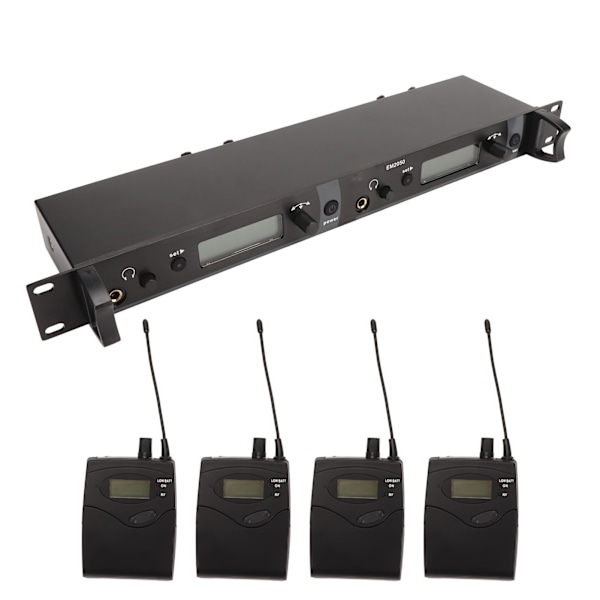 Trådlöst hörlursmonitorsystem 2 kanaler 4 bodypacks Helt i metall UHF scenmonitorsystem för studio 100–240 V EU-kontakt