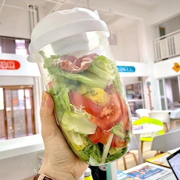 Färsk Salladsbehållare Serveringsmugg med Dressingbehållare Gaffel Portabel Plast Matförvaringsflaska för Picknicklunch