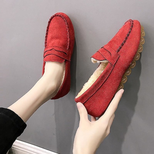 Kvinna Mjuk Botten Halkfria Platta Skor Kvinnliga Loafers Red with plush 6.5