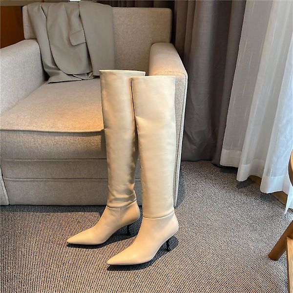 Kvinnor högklackade långa stövlar i äkta läder Beige Velvet Lining 9