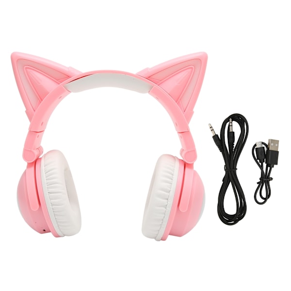 Bluetooth-headset med kattungeöron Stereo Söt Hög Känslighet Inbyggd Mikrofon Justerbar LED Barnheadset med 3,5 mm Kabel Rosa