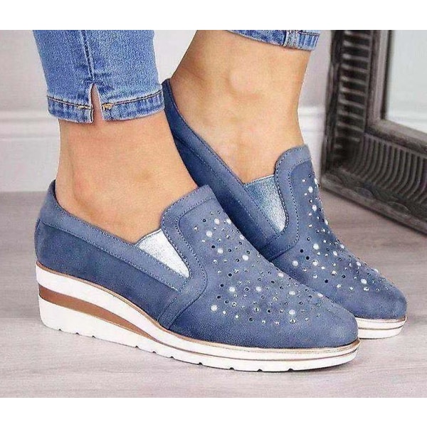 Flat Bling Sneakers för kvinnor, Loafers med snörning Blue 35