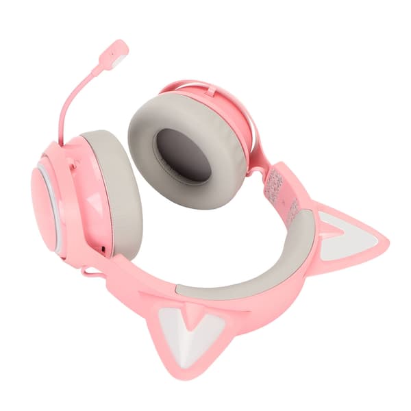 Spelheadset med kattöron, RGB-belysning, Bluetooth, trådlösa hörlurar med infällbart 120 graders roterbart mikrofon för bärbara datorer, PC, rosa