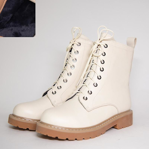 Kvinnor Höst Vinter Låg Klack Cross Strap Läder Ankel Boots Beige Plush Inside 34 /