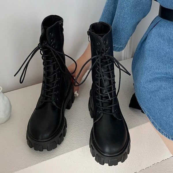 Nya Mid Calf Boots. Kvinnor Höst Vinter Snörning Dragkedja Botas White 38