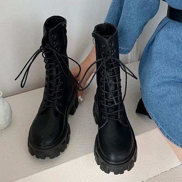 Nya Mid Calf Boots. Kvinnor Höst Vinter Snörning Dragkedja Botas White 40