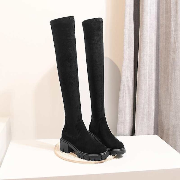 Winter Warm- Cow Leather Stretch, Rund Tå över knä, Stövlar med höga klackar 8.5 / black sheep suede